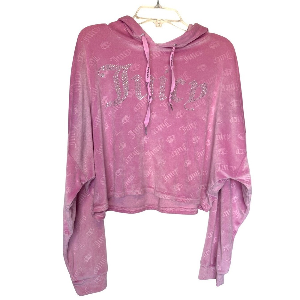 Juicy Couture Rhinestone Crop Plush Pink Velvet Velour Hoodie‎ Sleepwear Sz S